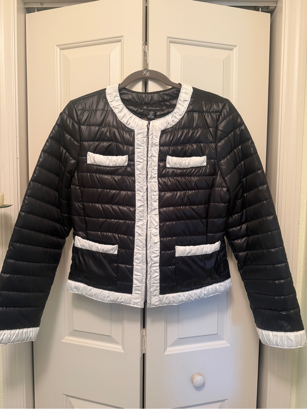 INC International Concepts Black Quilted Puffer Jacket with White Trim